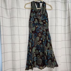 Vintage Signature By Robbie Bee Floral Beaded Halter Neck Dress Brown Blue Green